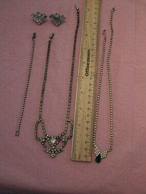 Vintage rhinestone jewelry. 2 necklaces, 1 bracelet, & shoe clips for one price.